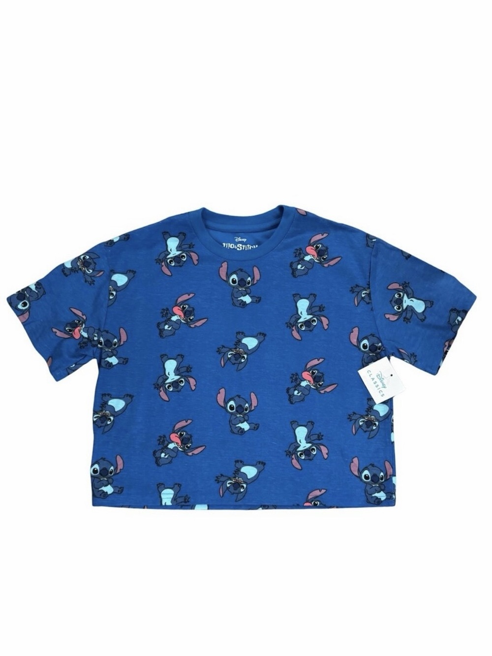 Disney Lilo & Stitch All Over Print Blue Cropped Tee Medium NWT